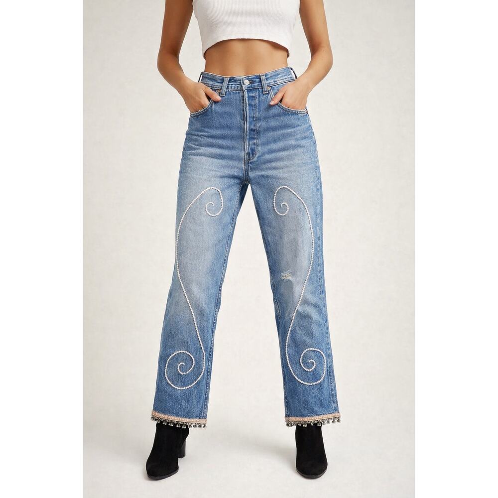 Vintage Levi’s USA Beaded Jeans Women’s 2 Button Fly Custom Embellished Denim - Picture 2 of 14